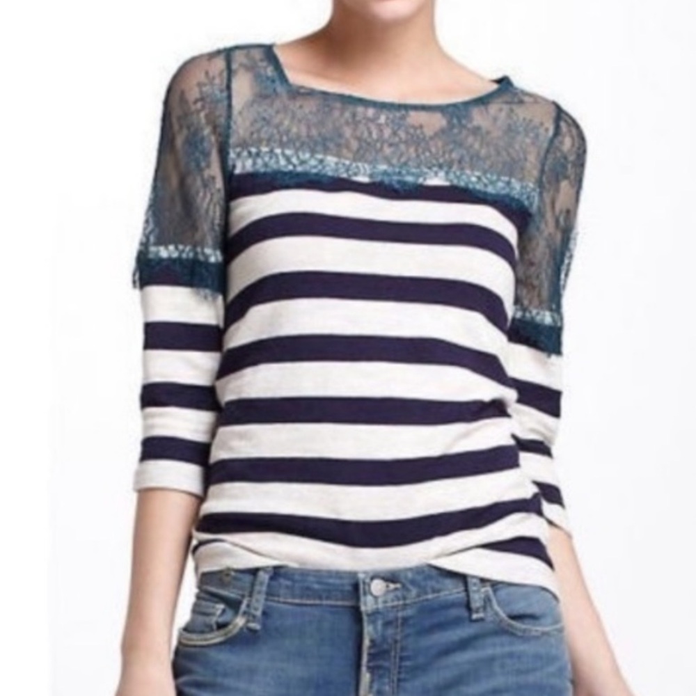 Anthro Deletta Medium Stripe and Lace Top